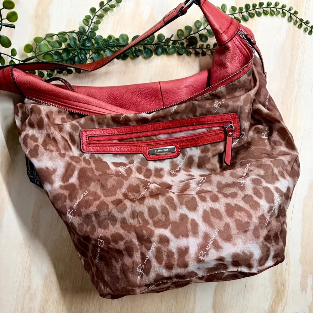 B. Makowsky Coral Red Pebbled Leather Hobo Shoulder Bag Slouch Purse